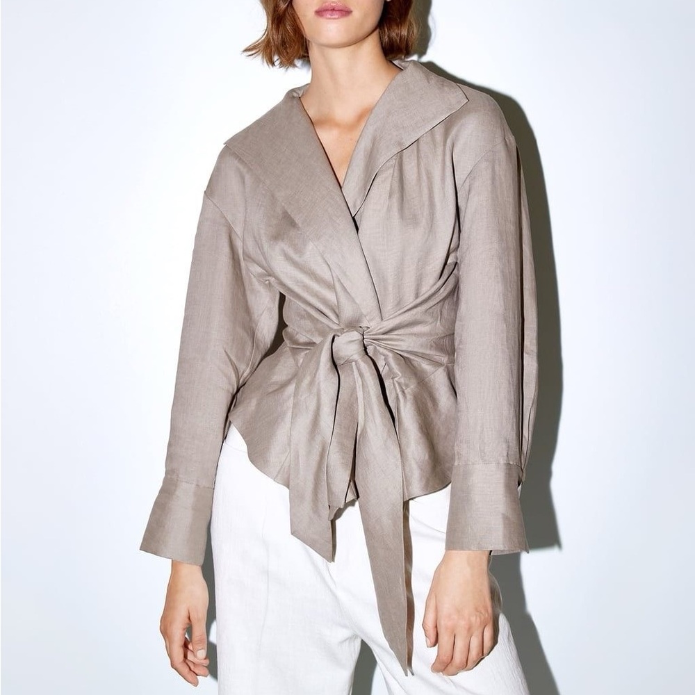 Zara Gray / Beige Linen Wrap Belted Blouse / light Jacket